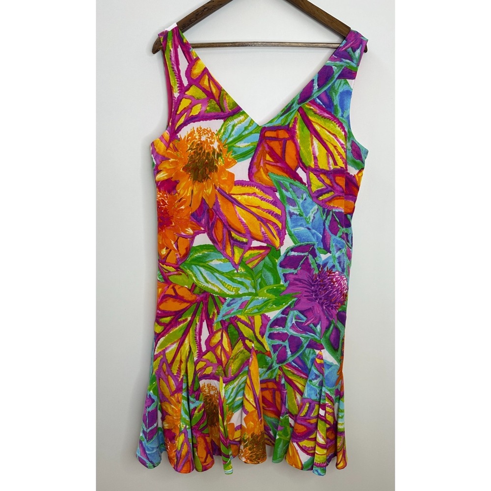 Lauren Ralph Lauren Tropical Floral V-Neck Ruffle Drop Waist Mini Dress Size 12 - Picture 13 of 13